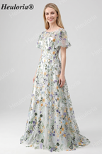 HEULORIA Enchanting Floral Embroidery Flutter Sleeve A-Line Evening Gown - Illusion Mesh Formal Dress ED-684