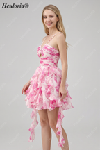 HEULORIA Pearl Beaded Straps Floral Ruffle Mini Homecoming Dress - Whimsical Tiered Rose Print Cocktail Gown ED-614