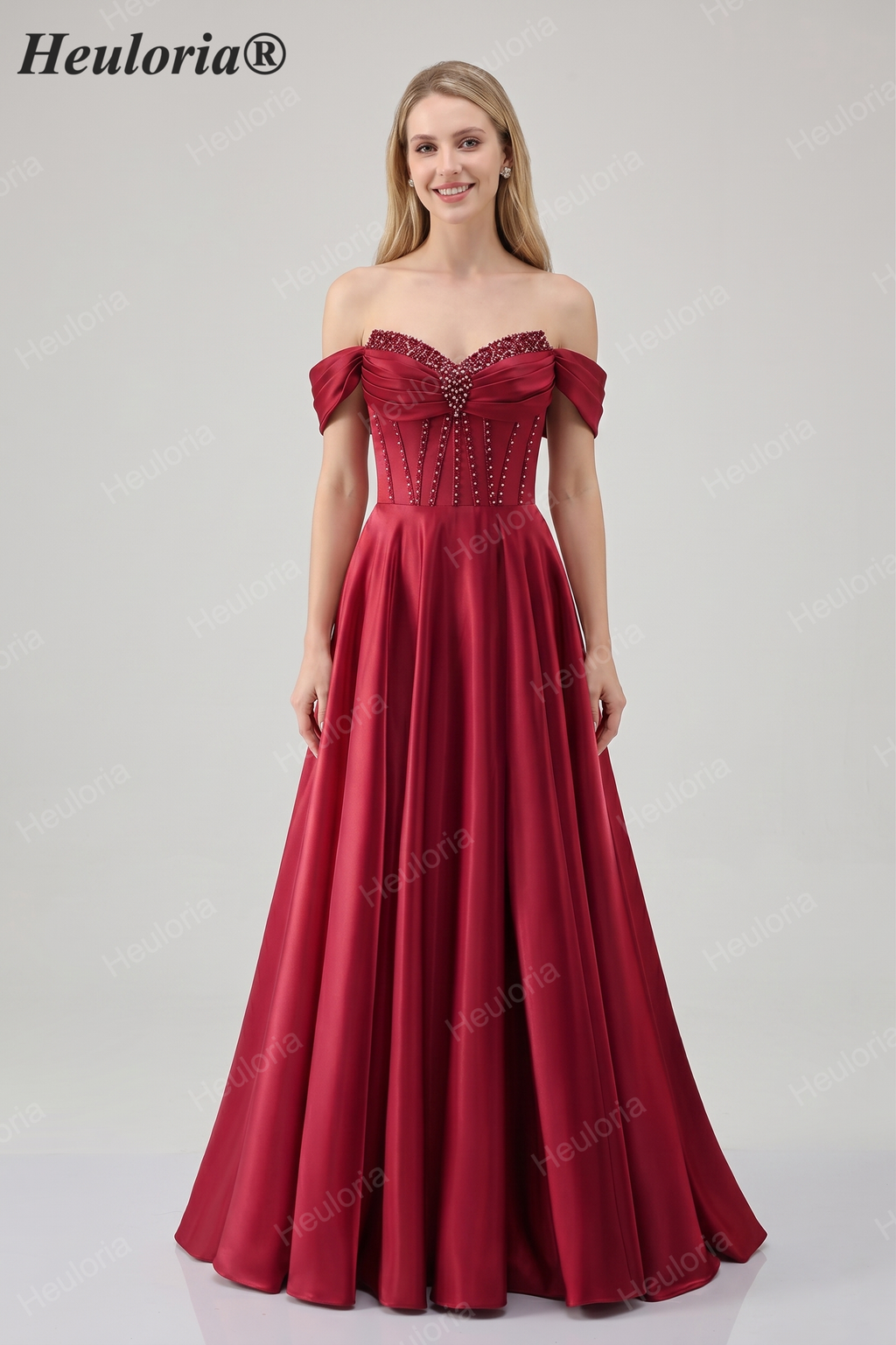 HEULORIA Off-the-Shoulder Sequin Beaded Satin Prom Dress with Slit & Corset Back ED-586