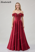 HEULORIA Off-the-Shoulder Sequin Beaded Satin Prom Dress with Slit & Corset Back ED-586