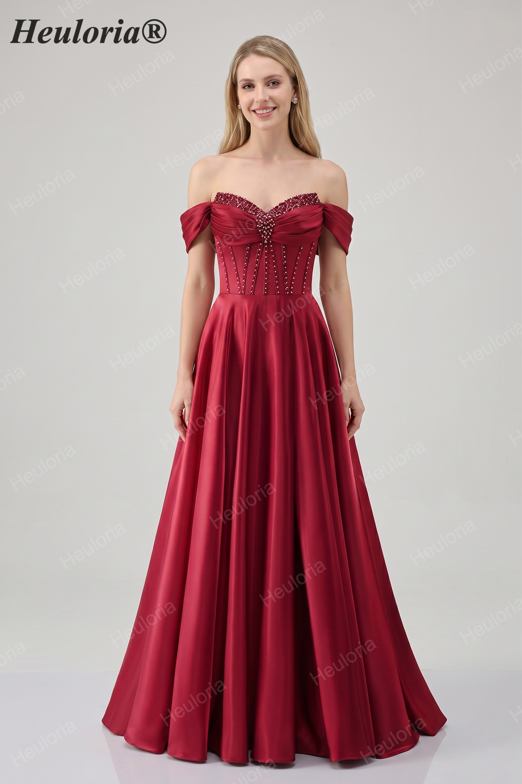 HEULORIA Off-the-Shoulder Sequin Beaded Satin Prom Dress with Slit & Corset Back ED-586