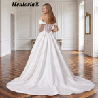 HEULORIA Elegant Off-the-Shoulder Satin Princess Wedding Dress with High Slit & Sheer Corset Back AL-227