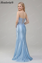 HEULORIA Elegant Light Blue Strapless Satin Prom Dress with Lace Appliques and High Slit ED-358