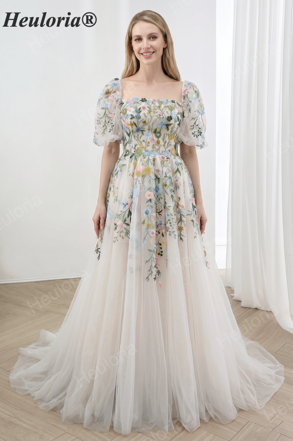 HEULORIA Enchanting Floral Embroidered Square Neck Puff Sleeve Tulle A-Line Gown with Corset Back ED-671