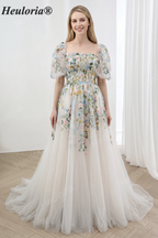 HEULORIA Enchanting Floral Embroidered Square Neck Puff Sleeve Tulle A-Line Gown with Corset Back ED-671