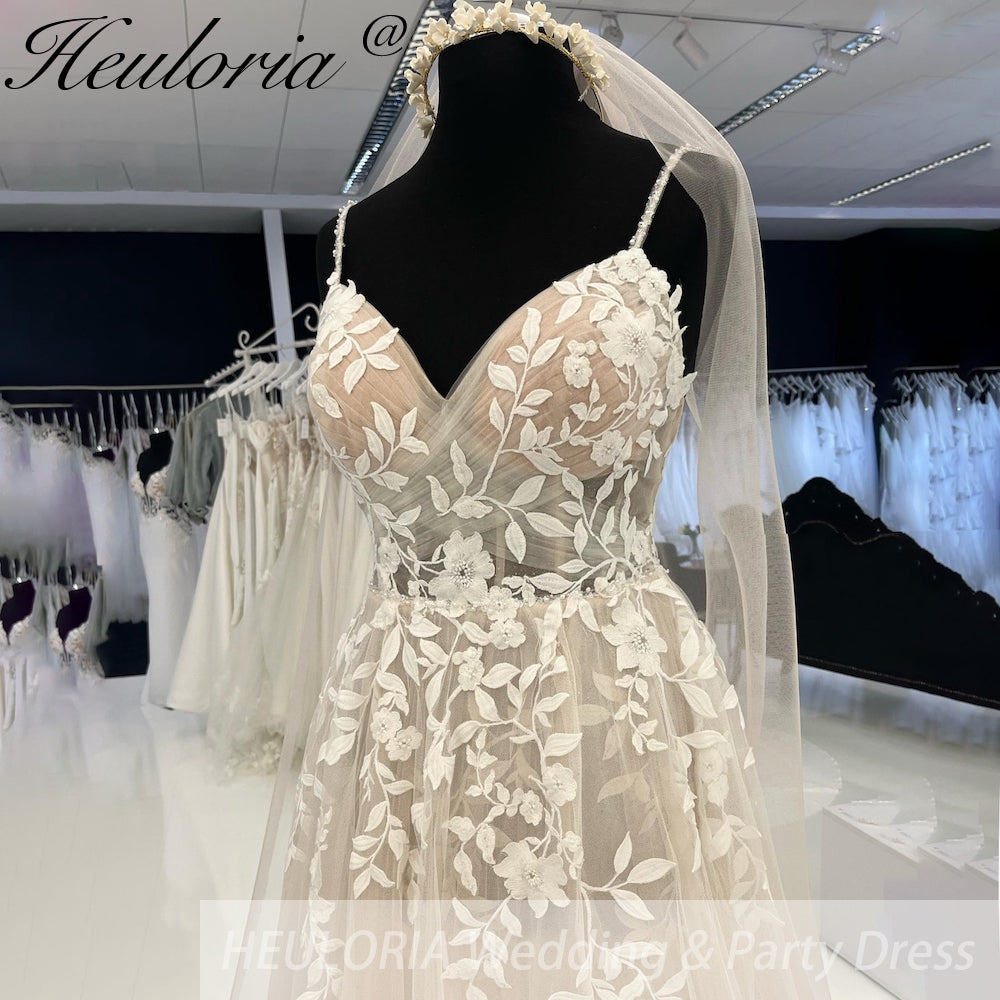 HEULORIA Lace Wedding Dresses A line Spaghetti Straps high split Bridal dress spark gliter tulle skirt AL-936