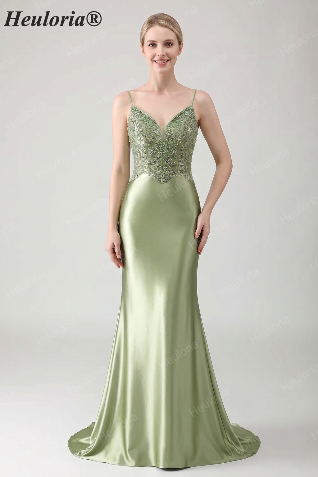 HEULORIA Sage Green Beaded Lace Mermaid Satin Prom Dress with Lace-up Corset Back ED-360