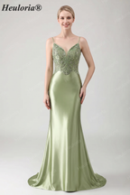 HEULORIA Sage Green Beaded Lace Mermaid Satin Prom Dress with Lace-up Corset Back ED-360