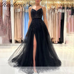 Customized Elegant A-Line Sexy Black Side Split Prom Dress Spaghetti Shoulder Strap Decal Beaded Ruffle Party Evening Dress 2025