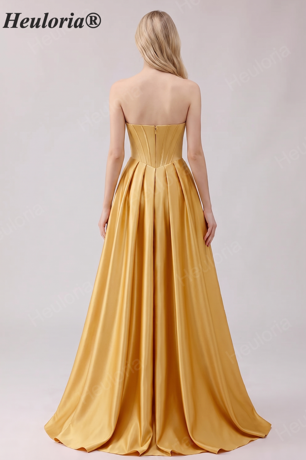 HEULORIA Strapless Golden Satin Ball Gown with Beaded Corset Bodice and Pleated Skirt ED-516 Imagen secundaria del producto