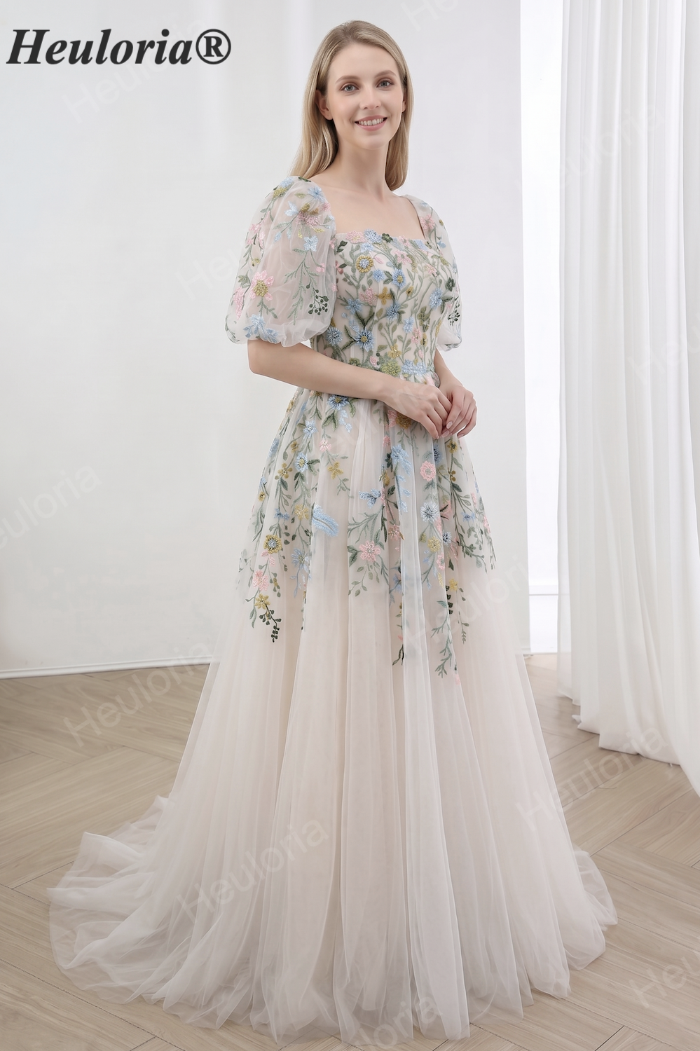 HEULORIA Enchanting Floral Embroidered Square Neck Puff Sleeve Tulle A-Line Gown with Corset Back ED-671