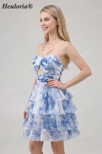 HEULORIA 3D Floral Accent Tiered Tulle Mini Dress - Sweetheart Halter Cutout Cocktail Dress ED-313