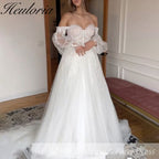 HEULORIA elegant A line wedding dress off shoulder Sparkly Glitter lace bridal dress long sleeve Robe De Mariee Wedding Bride Dress long train AL-517