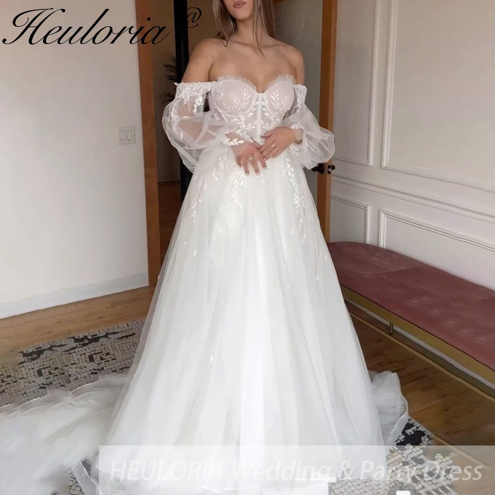 HEULORIA elegant A line wedding dress off shoulder Sparkly Glitter lace bridal dress long sleeve Robe De Mariee Wedding Bride Dress long train AL-517
