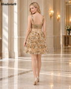 HEULORIA Sparkling Gold Sequin Mini Dress with Sweetheart Neckline and Tiered A-Line Skirt ED-594