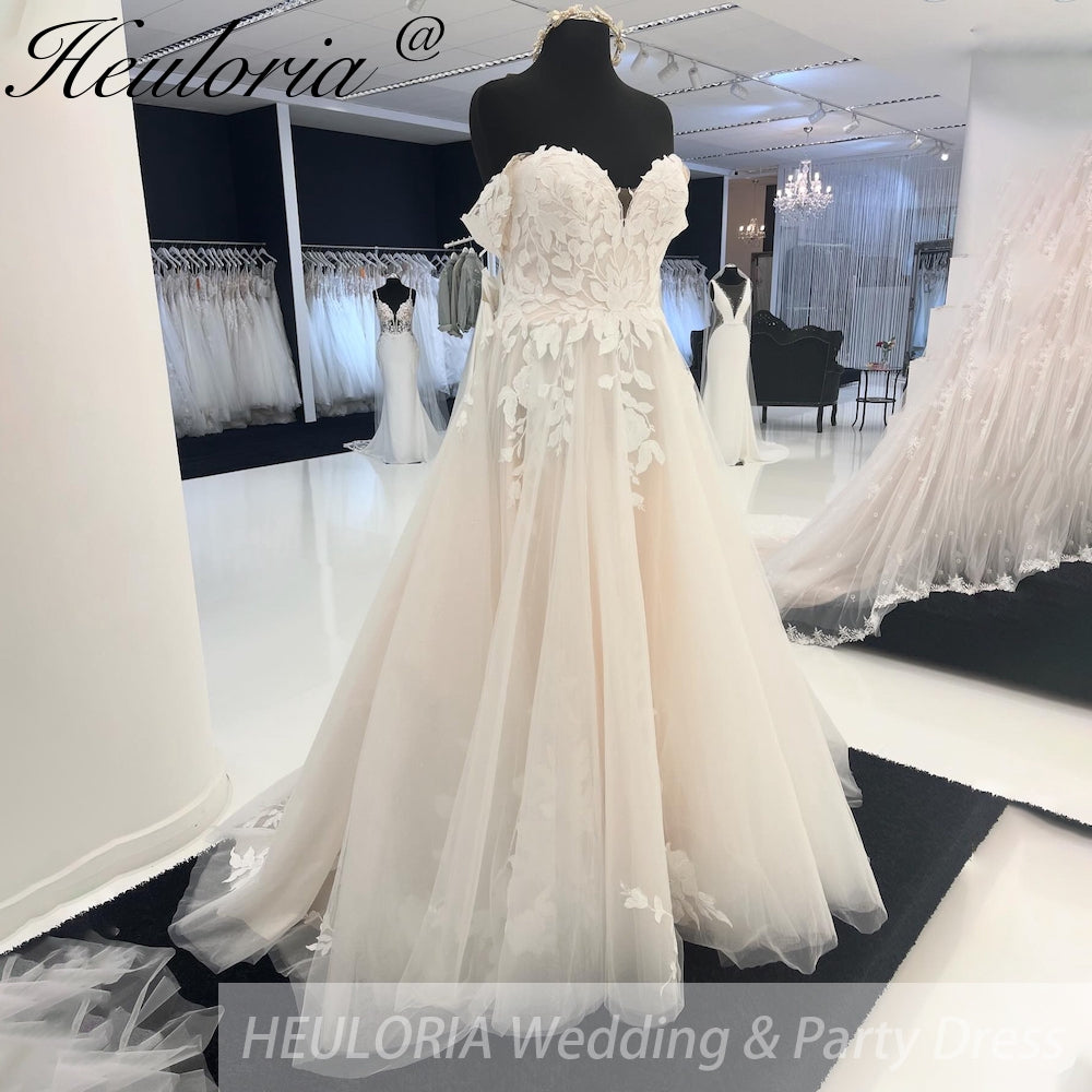 HEULORIA Illusion Off The Shoulder A-Line Wedding Dresses Appliques Lace Country Bridal Gowns Robe De Mariée Customized AL-917