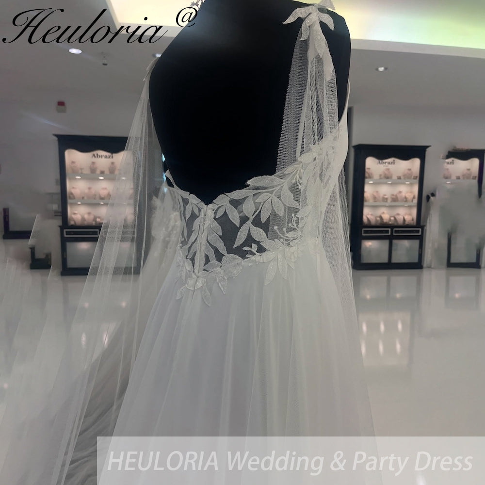 HEULORIA Boho V Neck A-Line Wedding Dress Chiffon Backless lace Court Train Bridal Dresses  Customized AL-925