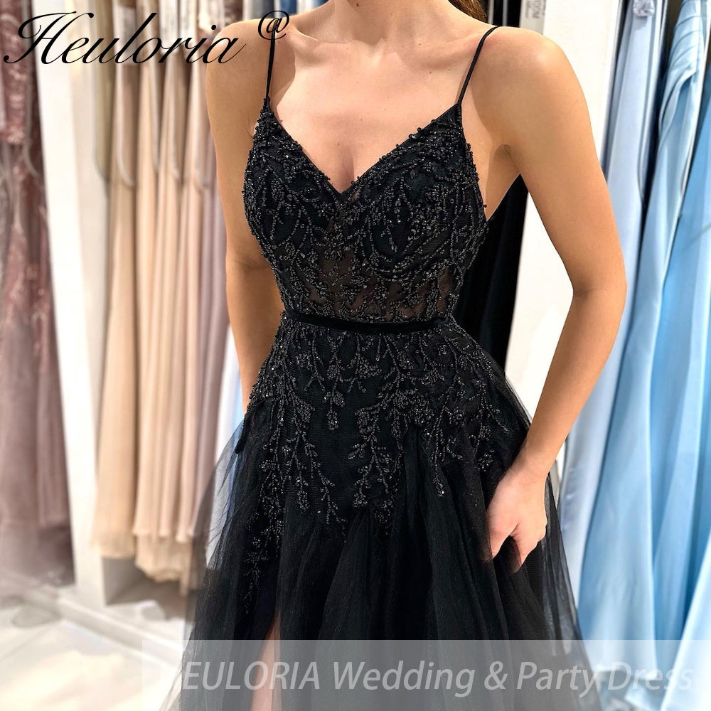 Customized Elegant A-Line Sexy Black Side Split Prom Dress Spaghetti Shoulder Strap Decal Beaded Ruffle Party Evening Dress 2025