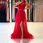 Customized Mermaid Prom Dress one shoulder lace Evening Dress Detachable Tulle Train Formal Party Gowns