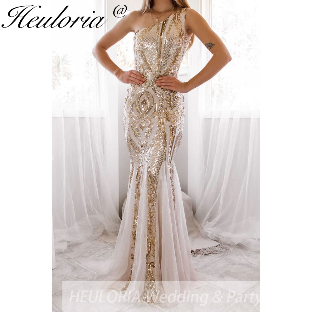 New Sexy Gold mermaid evening dresses one shoulder dresses for women party vestidos de fiesta robe de soiree de mariage
