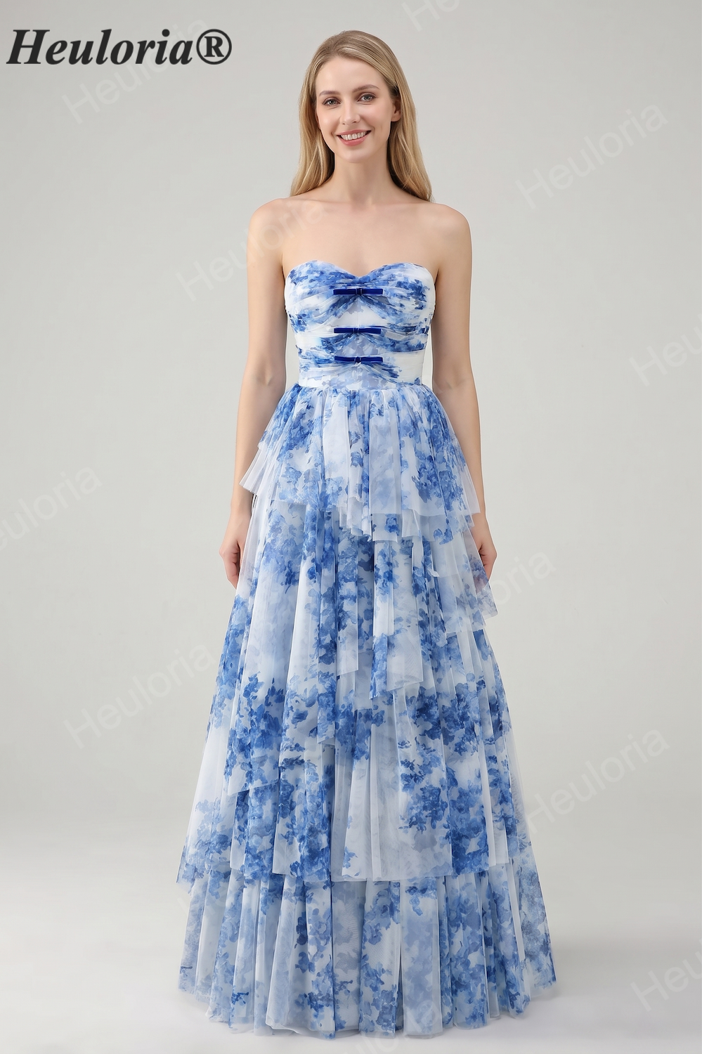 Heuloria Enchanted Garden Watercolor Floral Strapless Tiered Tulle Ball Gown with Velvet Bows ED-657 Imagen principal del producto