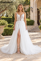 3D Floral Lace Deep V A-Line Wedding Dress with Spaghetti Straps and Slit AL-1077