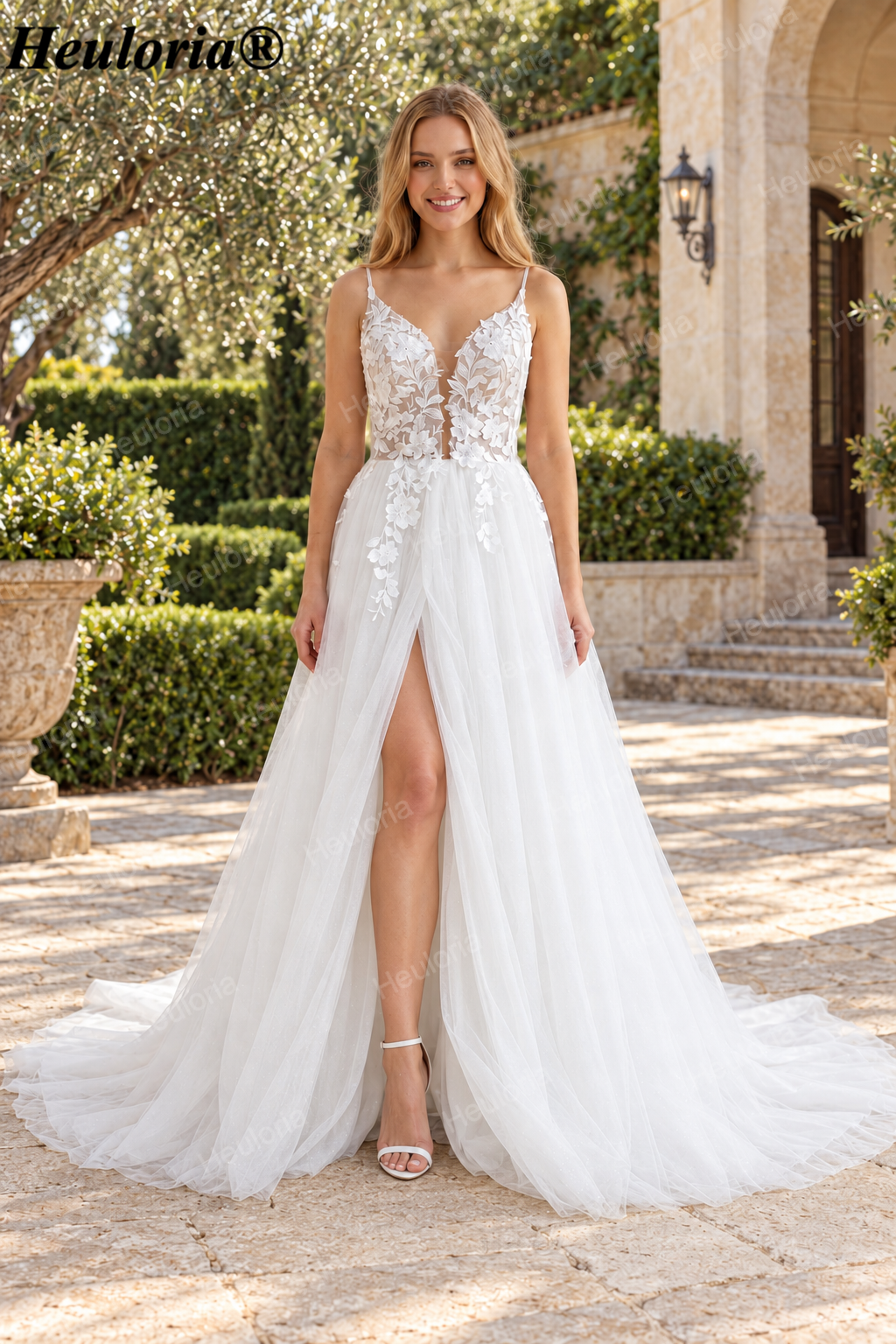 3D Floral Lace Deep V A-Line Wedding Dress with Spaghetti Straps and Slit AL-1077