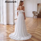 HEULORIA Ivory Sweetheart Off-the-Shoulder Chiffon Wedding Dress - Boho Romantic A-Line with Sweep Train AL-QK208