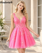 HEULORIA Dark Green Sequin Tulle A-Line Mini Homecoming Dress with Plunging V-Neck – ED-281