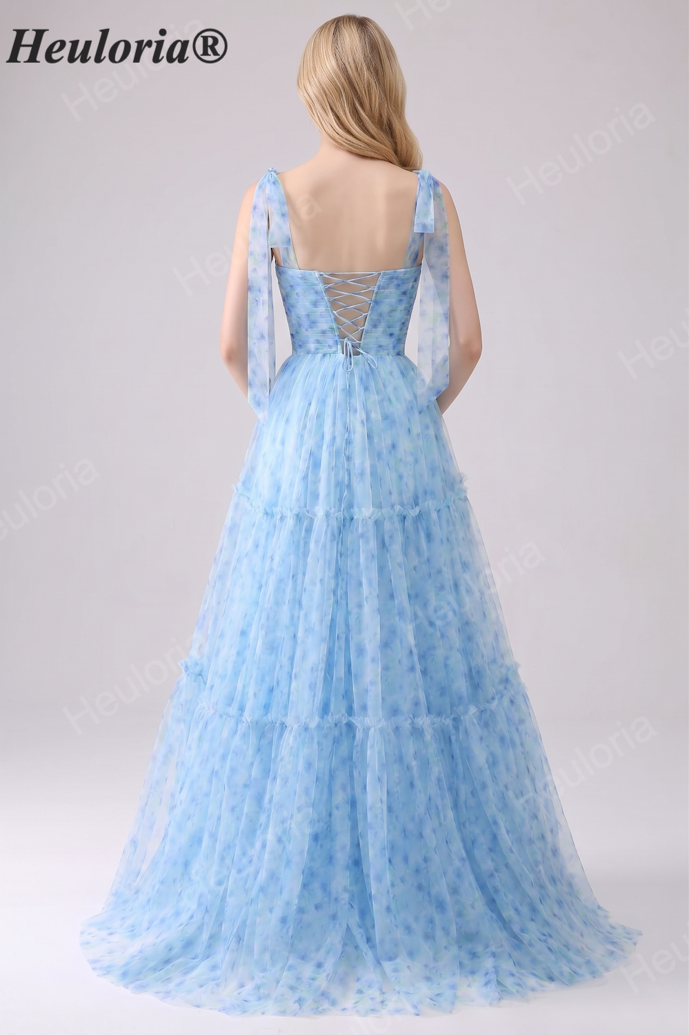 HEULORIA Ethereal Light Blue Floral Print Tiered Tulle Gown with Tie-Up Straps and Corset Back ED-659