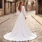 HEULORIA Elegant Square Neck Long Sleeve Crepe A-Line Wedding Dress with Deep V-Back AL-QK212
