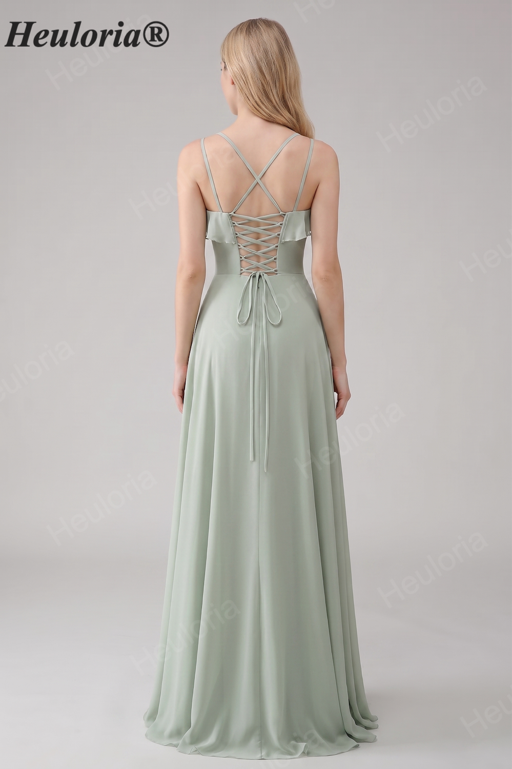 HEULORIA Elegant Ruffled Sweetheart A-Line Bridesmaid Dress with Side Slit and Lace-Up Back ED-560 Imagen secundaria del producto