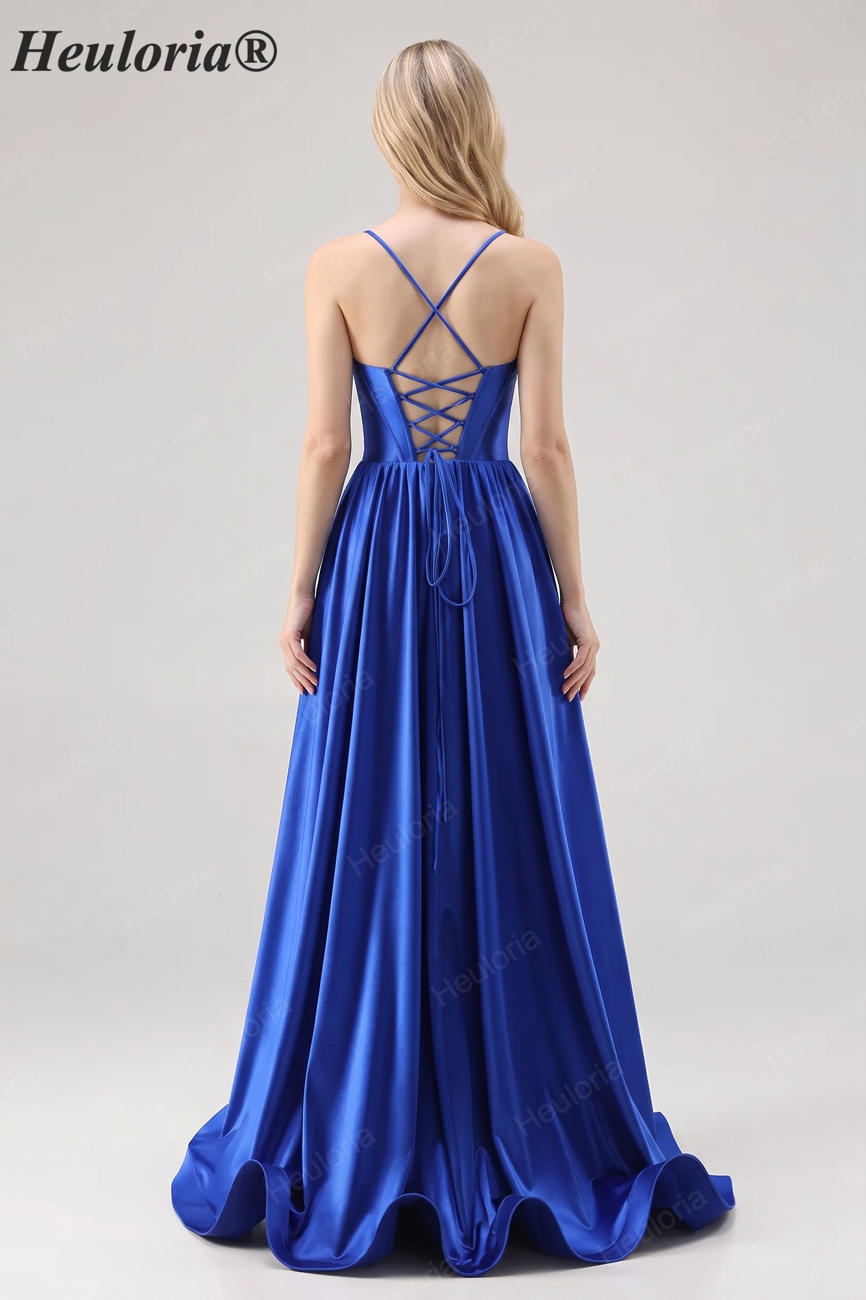 HEULORIA Royal Blue Satin A-Line Evening Dress with Beaded Neckline and Lace-up Back ED-523