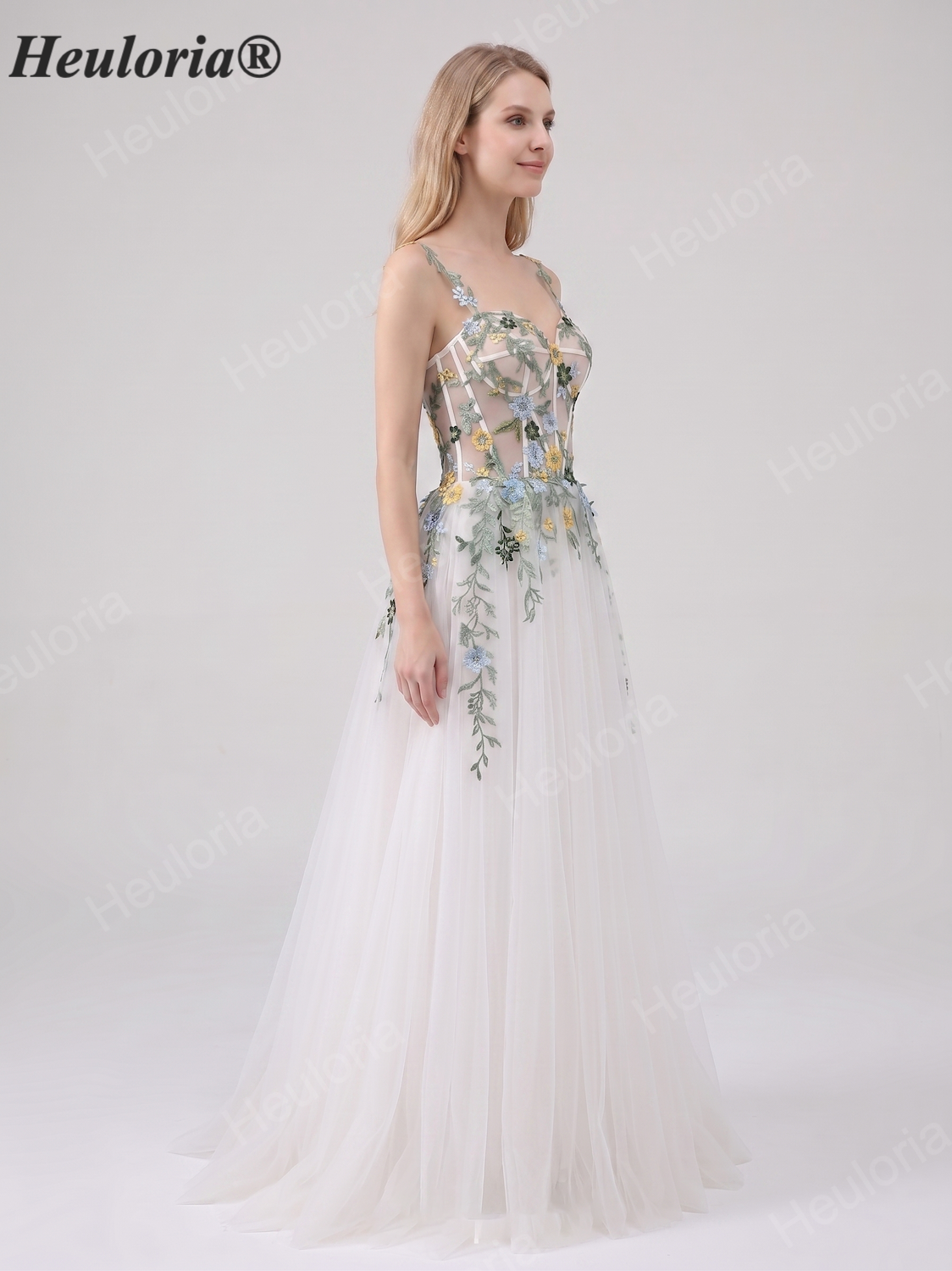 HEULORIA Whimsical 3D Floral Embroidery Corset A-Line Tulle Formal Gown with Illusion Bodice ED-679 Image secondaire du produit