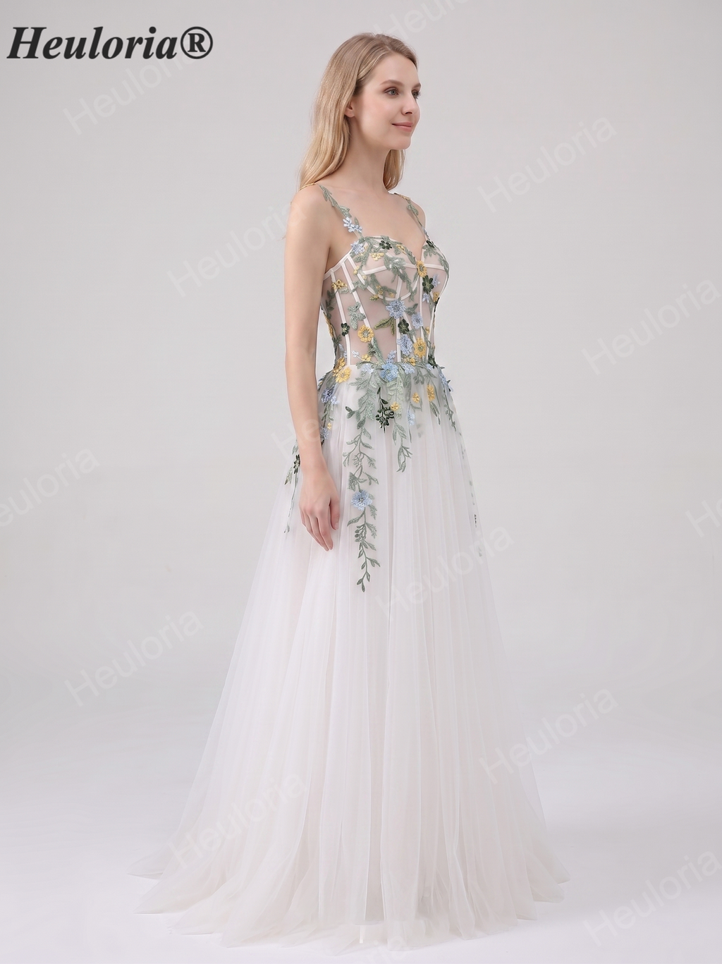 HEULORIA Whimsical 3D Floral Embroidery Corset A-Line Tulle Formal Gown with Illusion Bodice ED-679