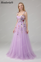 Heuloria Enchanted Garden 3D Floral Appliqué Tulle Prom Dress - Whimsical A-Line Formal Gown ED-585