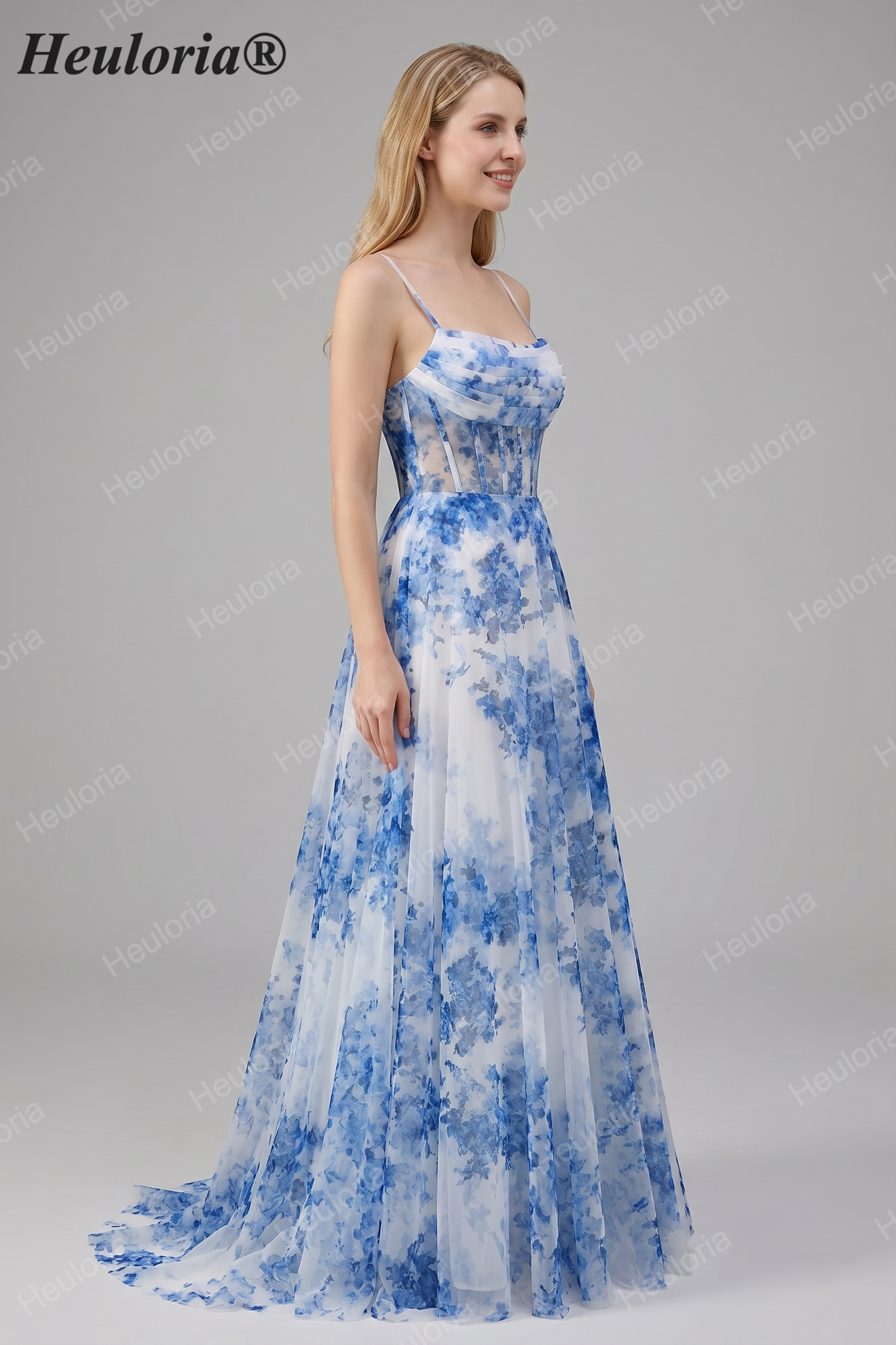 Heuloria Ethereal Blue Watercolor Floral Tulle A-Line Prom Dress with Corset Bodice & Spaghetti Straps ED-511 Imagen secundaria del producto