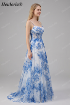 HEULORIA Blue Watercolor Floral Chiffon A-Line Prom Dress with Cowl Neck and Corset Bodice ED-511
