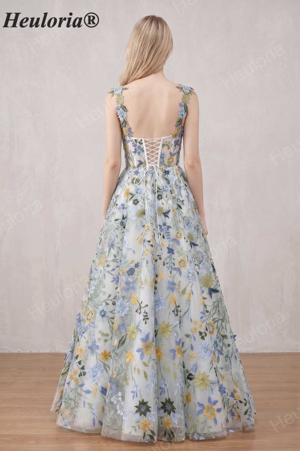 HEULORIA Enchanting Multicolored Floral Embroidered Tulle A-Line Gown with Corset Back ED-669 floor