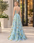 HEULORIA Light Blue Floral Embroidered Tulle A-Line Prom Dress with Spaghetti Straps, High Slit and Lace-Up Back ED-591