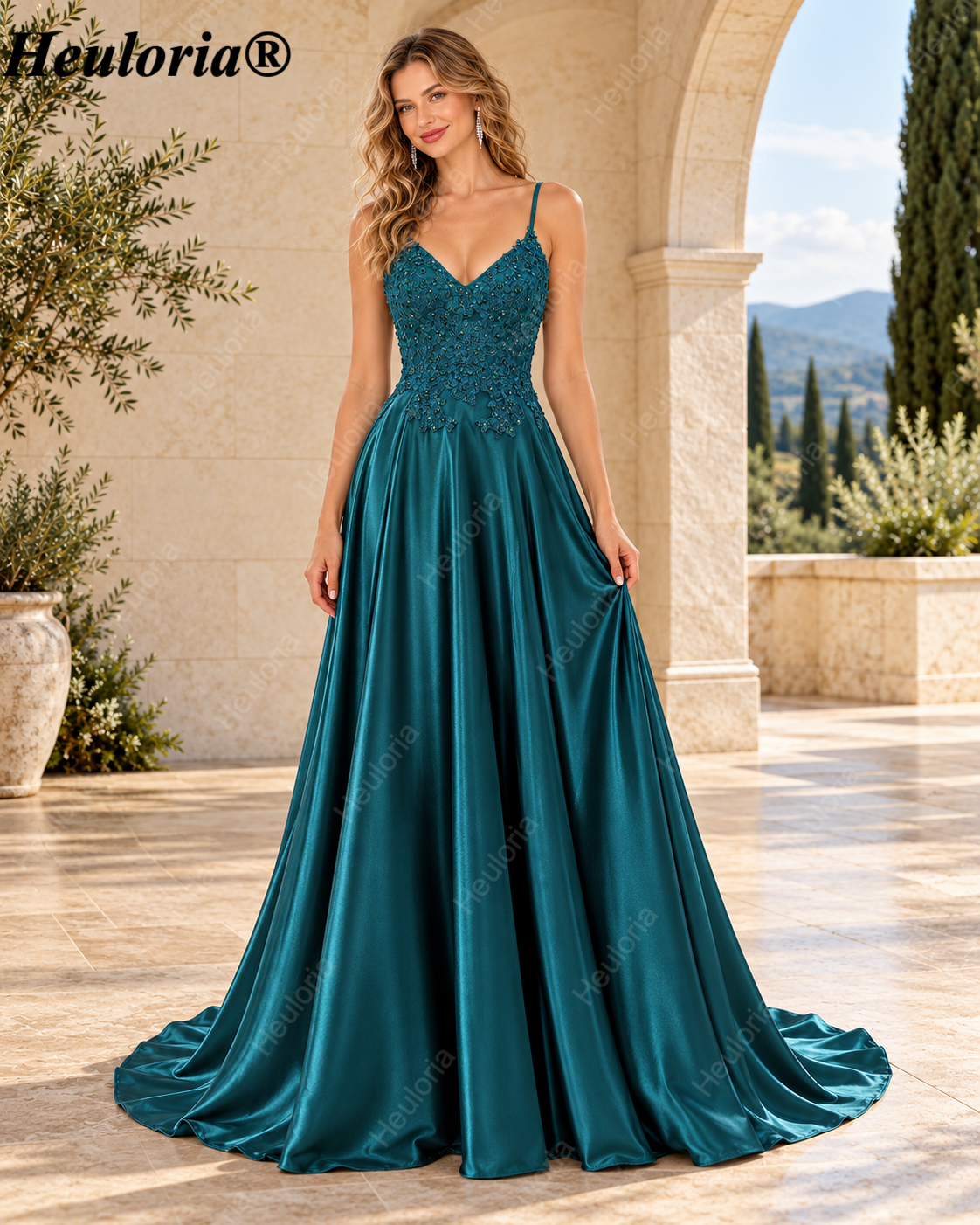 HEULORIA Peacock Green V-Neck Lace Satin A-Line Prom Dress – ED-345 Main image