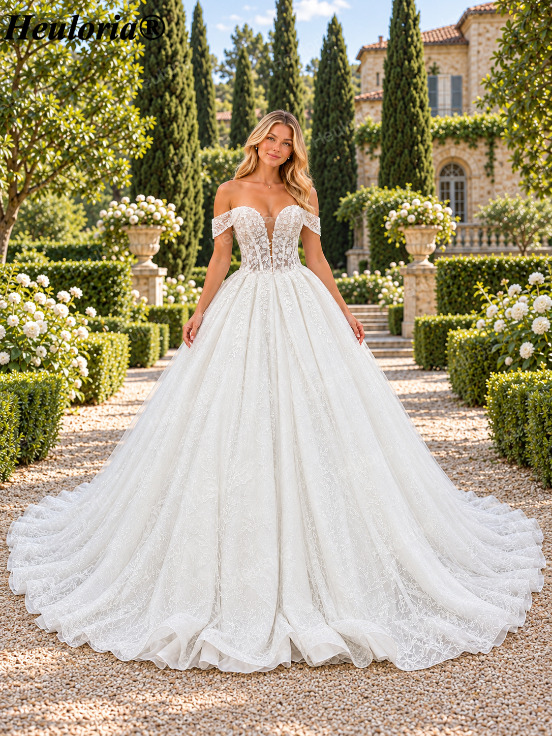 Off-Shoulder 3D Floral Glitter Ball Gown Wedding Dress with Corset BA-1100 Immagine principale del prodotto