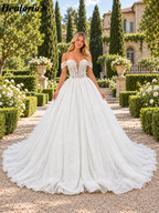 Off-Shoulder 3D Floral Glitter Ball Gown Wedding Dress with Corset BA-1100