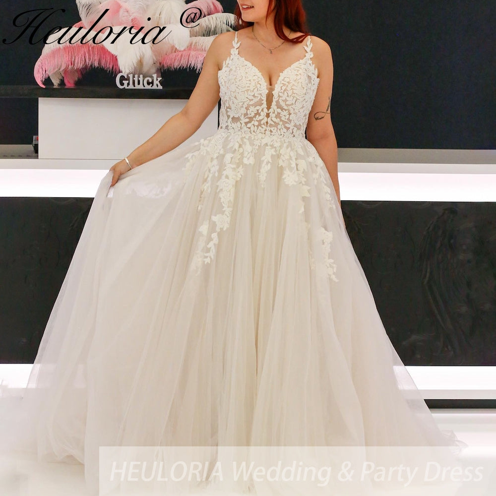 HEULORIA Spaghetti Straps A line lace Wedding dress for woman Vestidos Modest Church Bridal Dresses V Neck Beading Lace AL-931 Secondary image