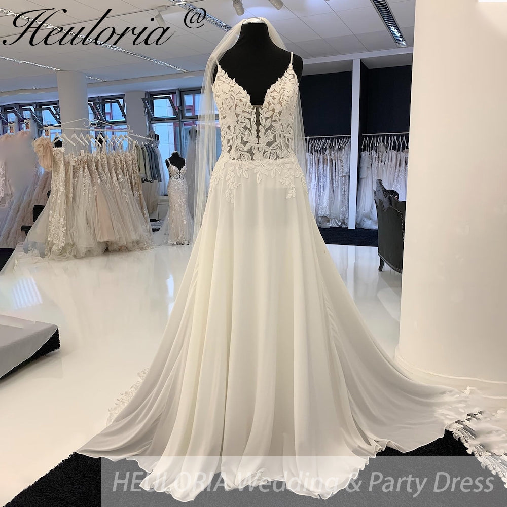 HEULORIA Chiffon Wedding Gowns Customized Open Back Bridal Boho Long Wedding Dresses Lace Appliques V neck Vestido Boda AL-929 Secondary image