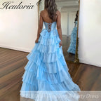 Sexy Strapless evening dress Chiffon Blue Tiered Ruffles with Slit Crystal A-Line Lace-upParty Gowns Customized