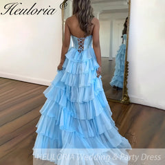 Sexy Strapless evening dress Chiffon Blue Tiered Ruffles with Slit Crystal A-Line Lace-upParty Gowns Customized