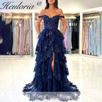 Sparkly A line Prom Formal Dresses Sequins Appliques Ruffle Black Off the shoulder Ruffles High split Prom Dresses Customsized