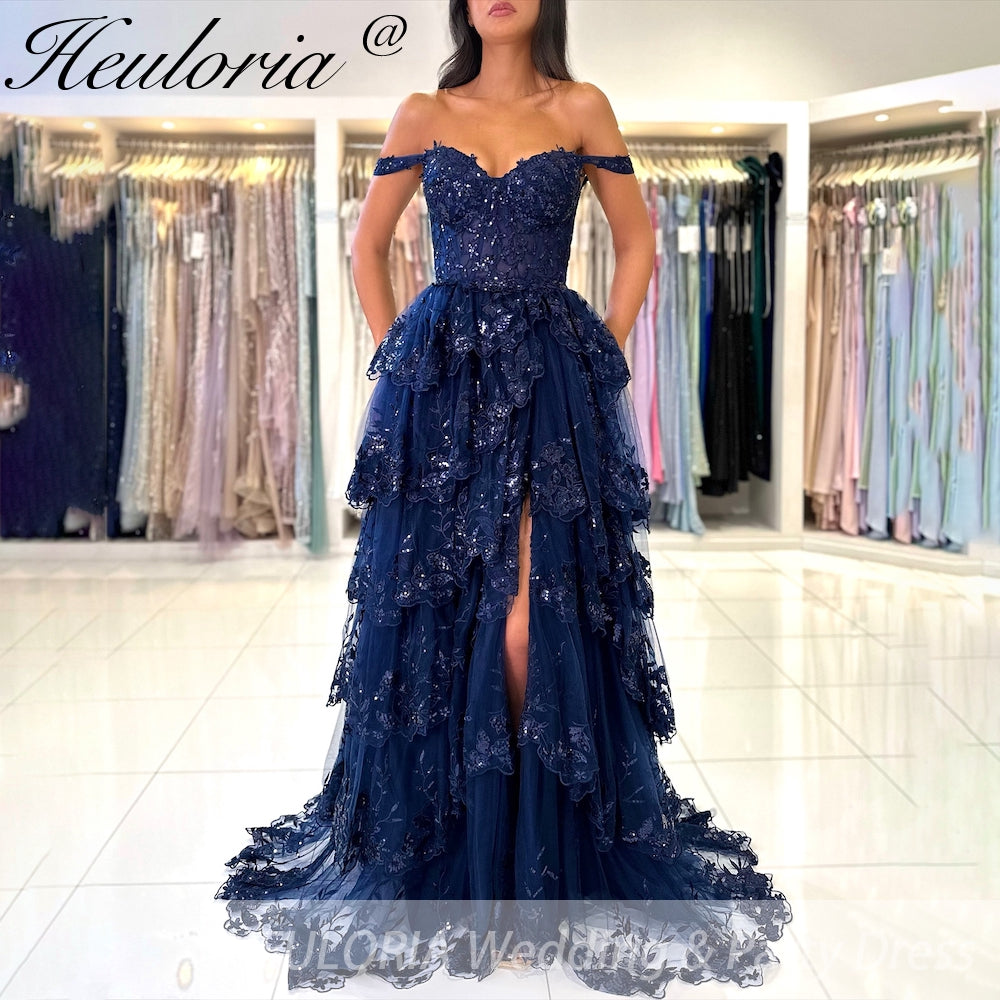 Sparkly A line Prom Formal Dresses Sequins Appliques Ruffle Black Off the shoulder Ruffles High split Prom Dresses Customsized