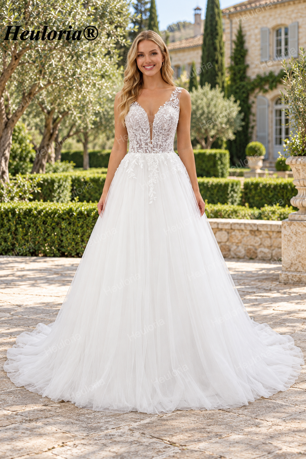Illusion Deep V Floral Glitter A-Line Wedding Dress with Corset AL-1036